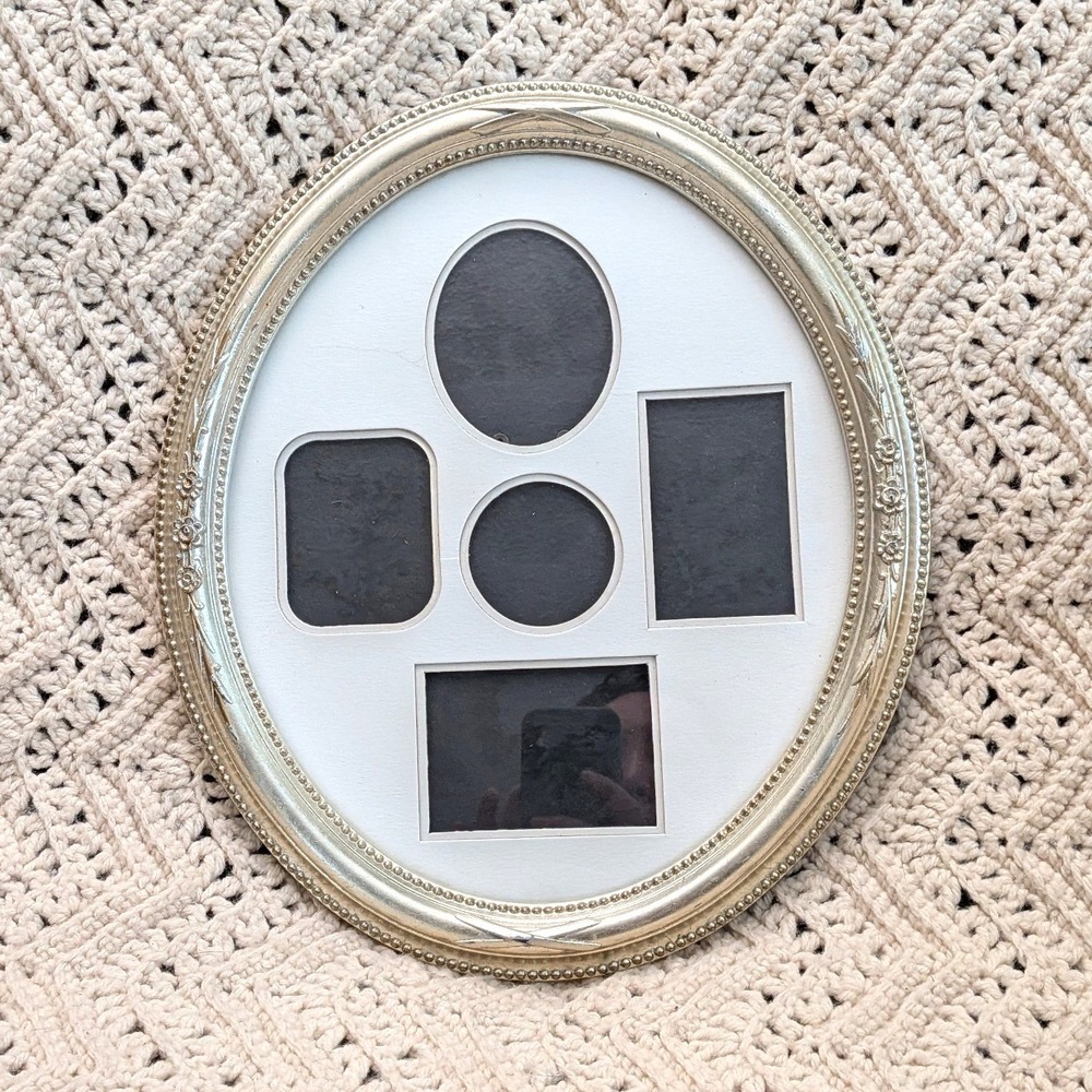 Burnes of Boston Oval Collage Picture Frame Silver Floral Beaded 5 Openings
